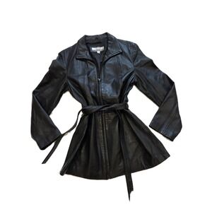 Nine and Company Soft Black Genuine Leather Waist Tie Belted Coat Jacket Sz L